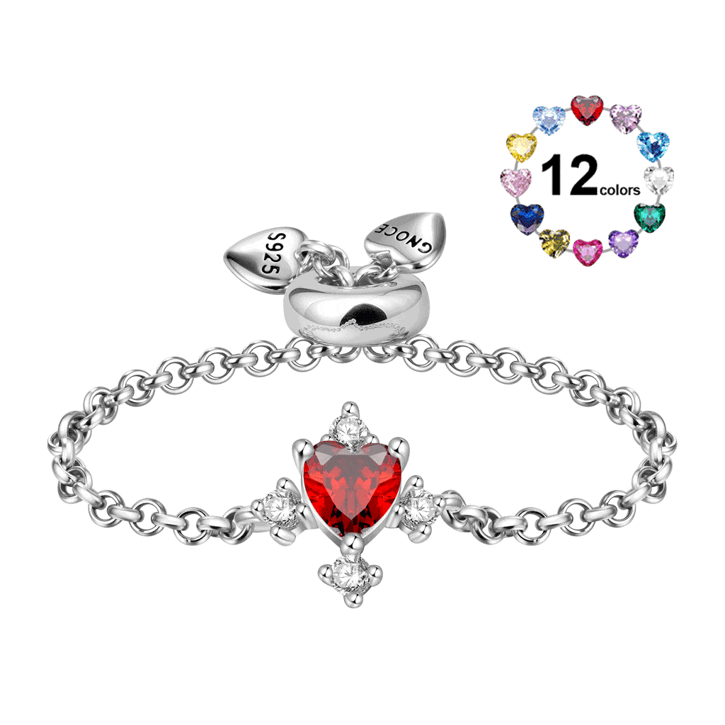 Anillo Ajustable de Cadena con Piedra de Nacimiento en Forma de Corazón