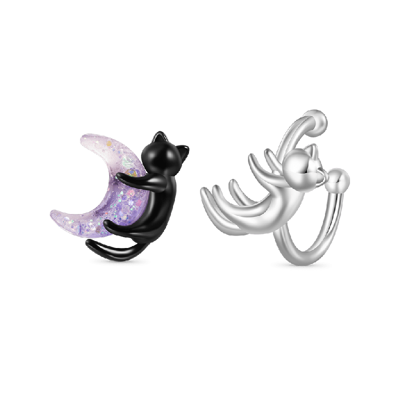 Clips de Oreja Asimétricos de Gato Blanco y Negro