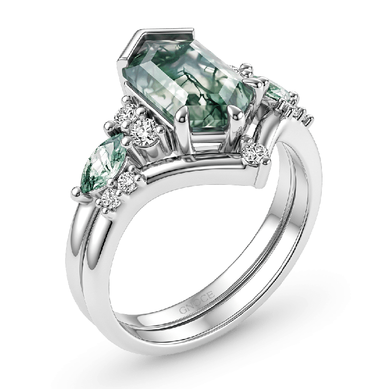 Conjunto de anillos con ágata de musgo de corte hexagonal