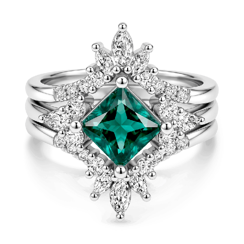 Conjunto de anillo de tiara de piedra preciosa verde cuadrada