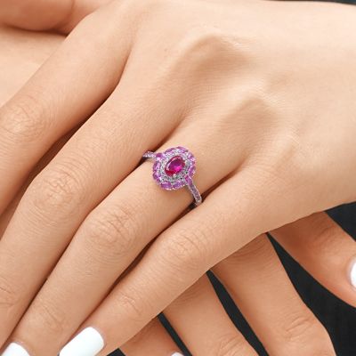 Anillo de Doble Halo Oval Fucsia