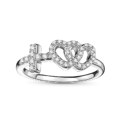 Anillo Doble Corazón con Cruz