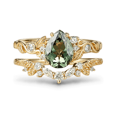 Set Anillo Hoja Corte Pera Abrazo Natural